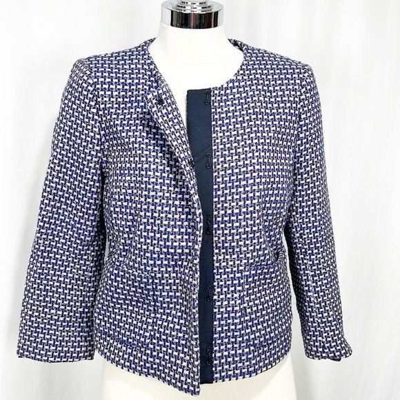 J. Crew Blue and White Silk Blend Tweed Blazer Jacket w Gold Threads Size 4 - Picture 2 of 12